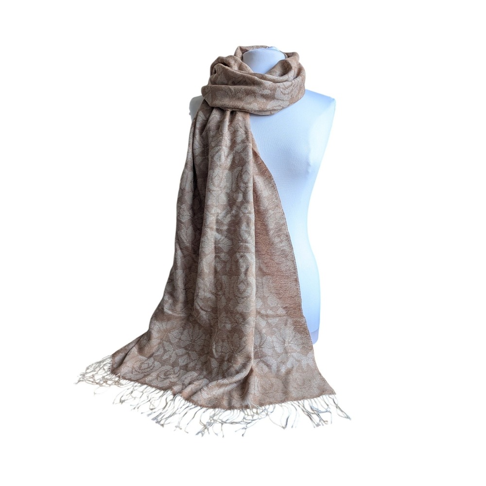 Kuna Alpaca & Silk Rose Print Scarf Wrap Shawl Sand Brown Gold‎